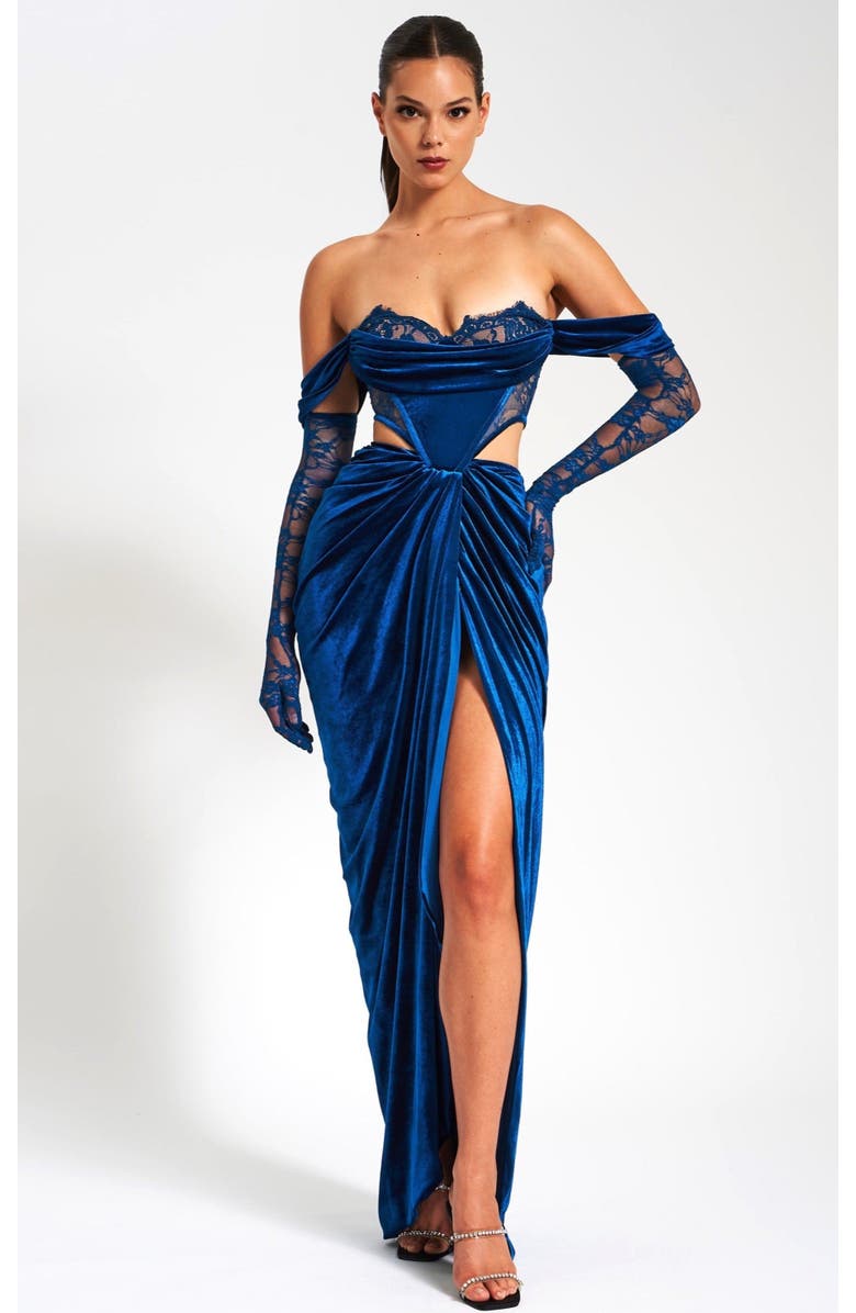 Miss Circle Quintesa Cutout Lace Velvet Off Shoulder Gown, Main, color, Blue