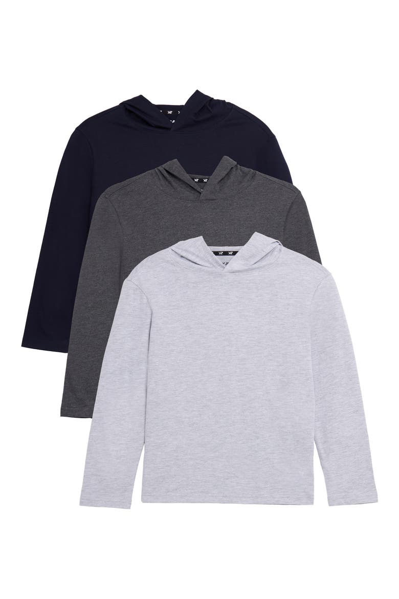 Kids' 3-Pack Hooded Long Sleeve Cotton T-Shirts, Main, color, NAVY/ GREY/ LIGHT GREY