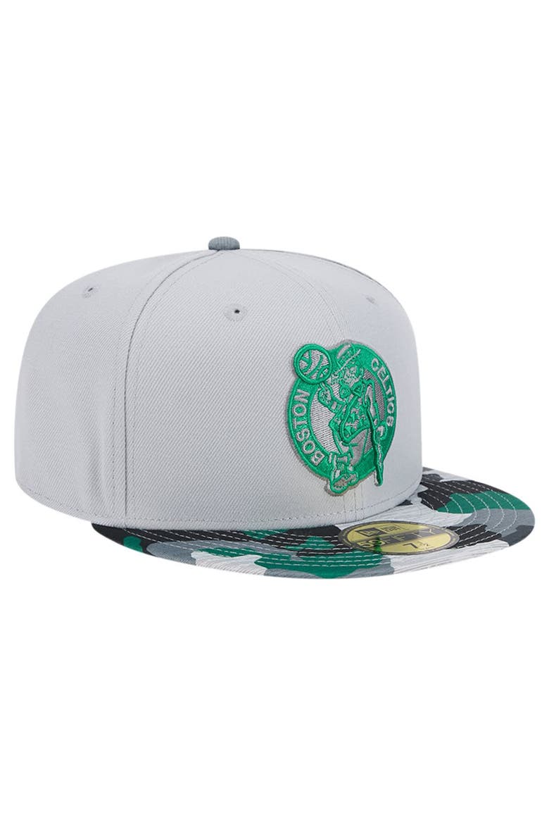 Men's New Era Gray Boston Celtics Active Color Camo Visor 59FIFTY Fitted Hat, Alternate, color, Gray