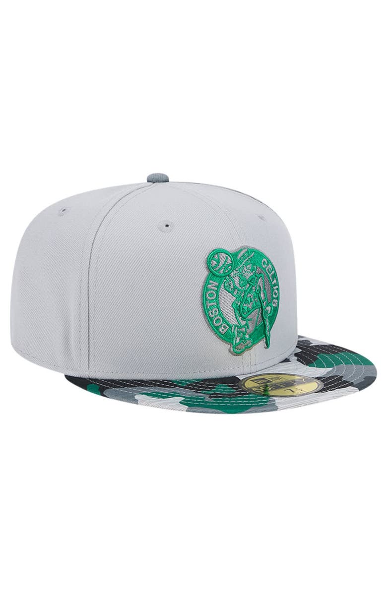 New Era Men's New Era Gray Boston Celtics Active Color Camo Visor 59FIFTY Fitted Hat, Alternate, color,