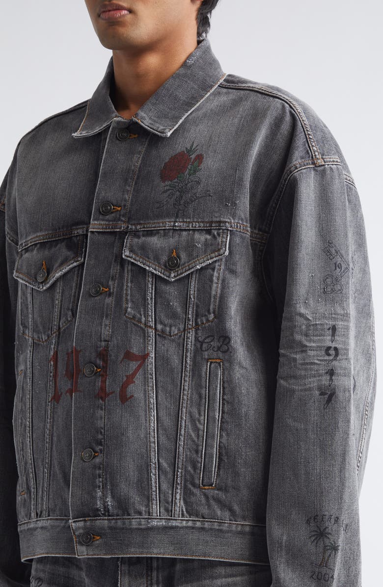 Balenciaga Tattoo Boxy Denim Jacket, Alternate, color, 1441 Dark Grey