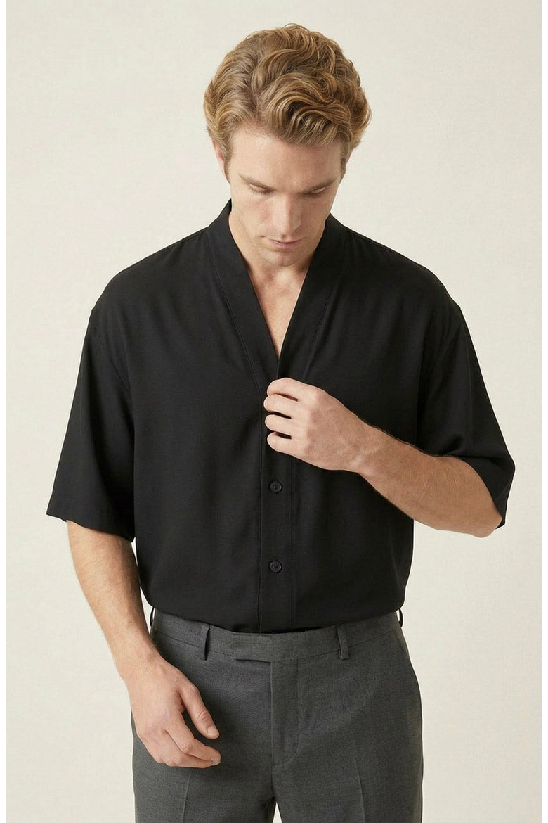 Band Collar Cotton Shirt, Main, color, Black
