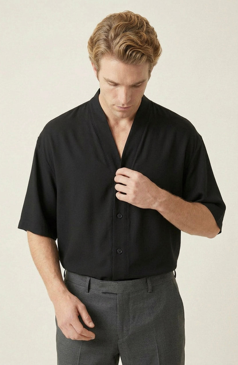 Band Collar Cotton Shirt