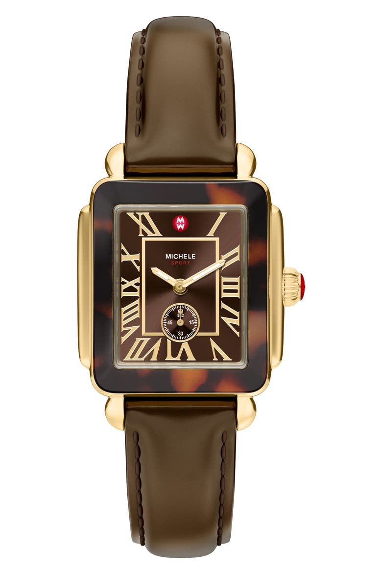 Deco Sport Mid Leather Strap Watch, Main, color, TORTOISE