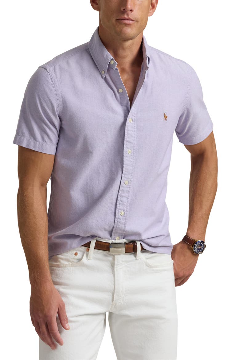Classic Fit Solid Purple Short Sleeve Button-Down Oxford Shirt, Main, color, THISTLE
