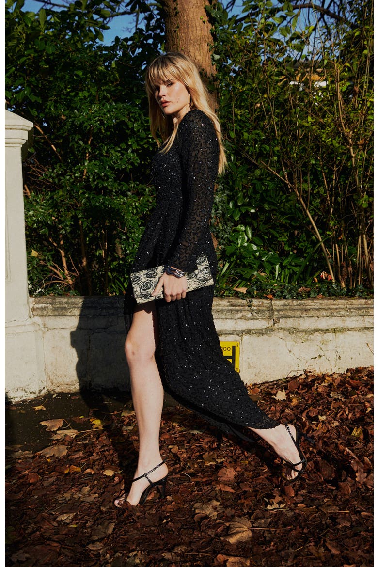 Embellished Sequin Beaded Maxi Dress With Wrap Bottom, Alternate, color, BLACK