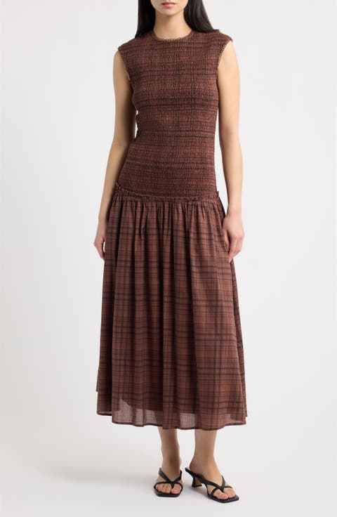 Drop Waist Plaid Midi Dress