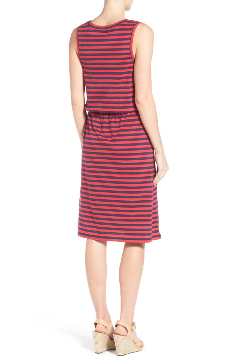 Sleeveless Cotton Blend Knit Drawstring Waist Dress, Alternate, color, NAVY- RED STRIPE