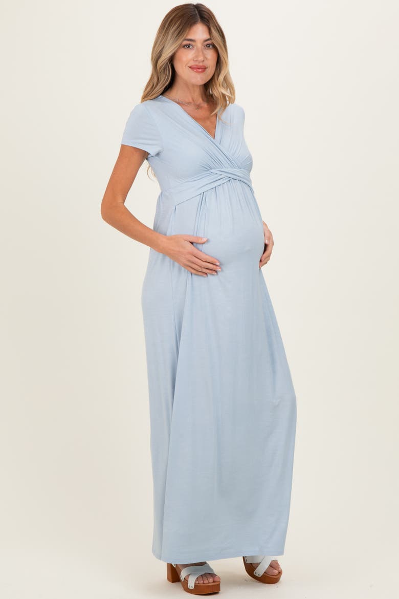 Navy Draped Maternity/Nursing Maxi Dress, Alternate, color, Light Blue