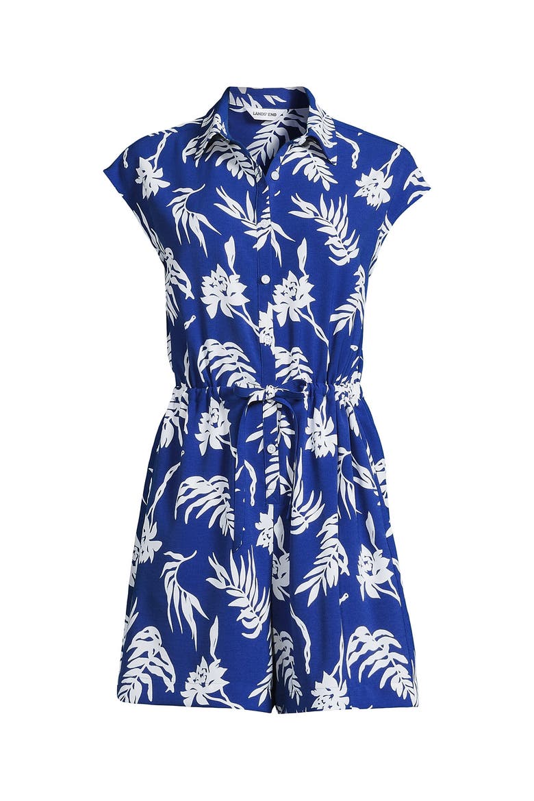 Cap Sleeve Creaseless Button-Down Romper, Alternate, color, Vibrant Lapis Tropic Floral