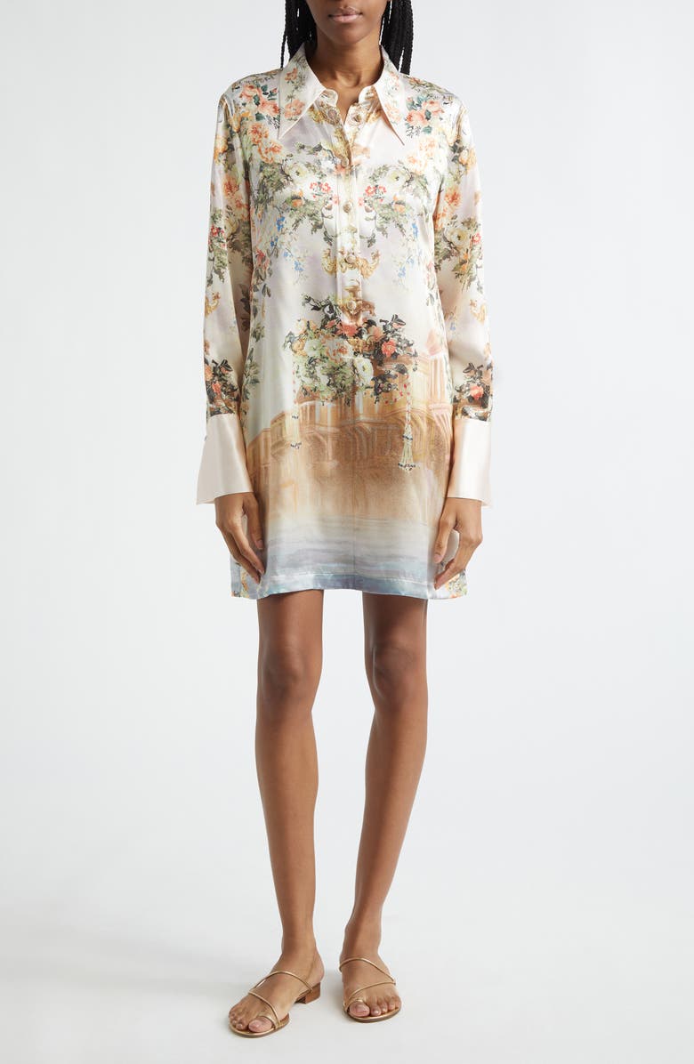 Camilla Twilight in Istanbul Long Sleeve Silk Satin Shirtdress, Main, color, Twilight In Istanbul