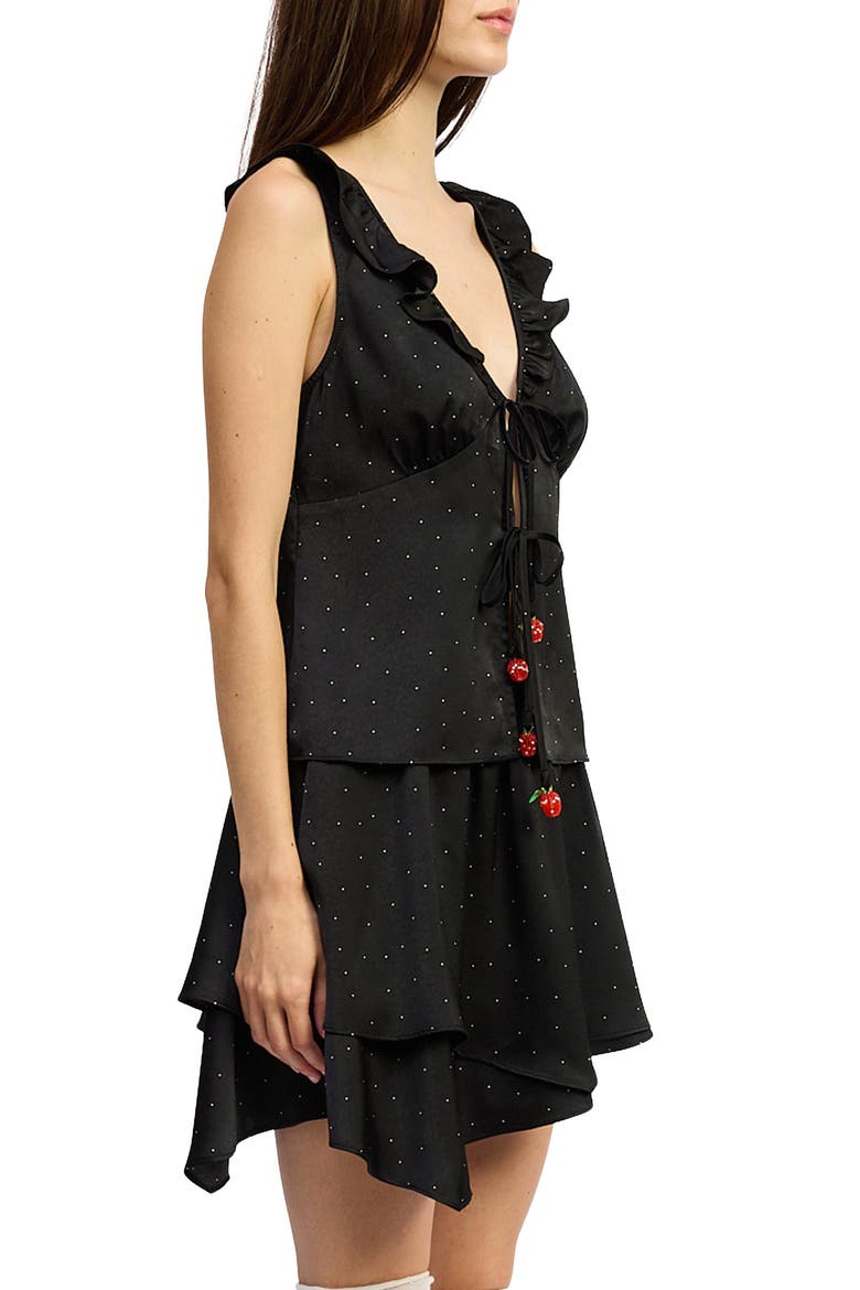 Tegan Polka Dot Ruffle Split Front Satin Top, Alternate, color, BLACK IVORY
