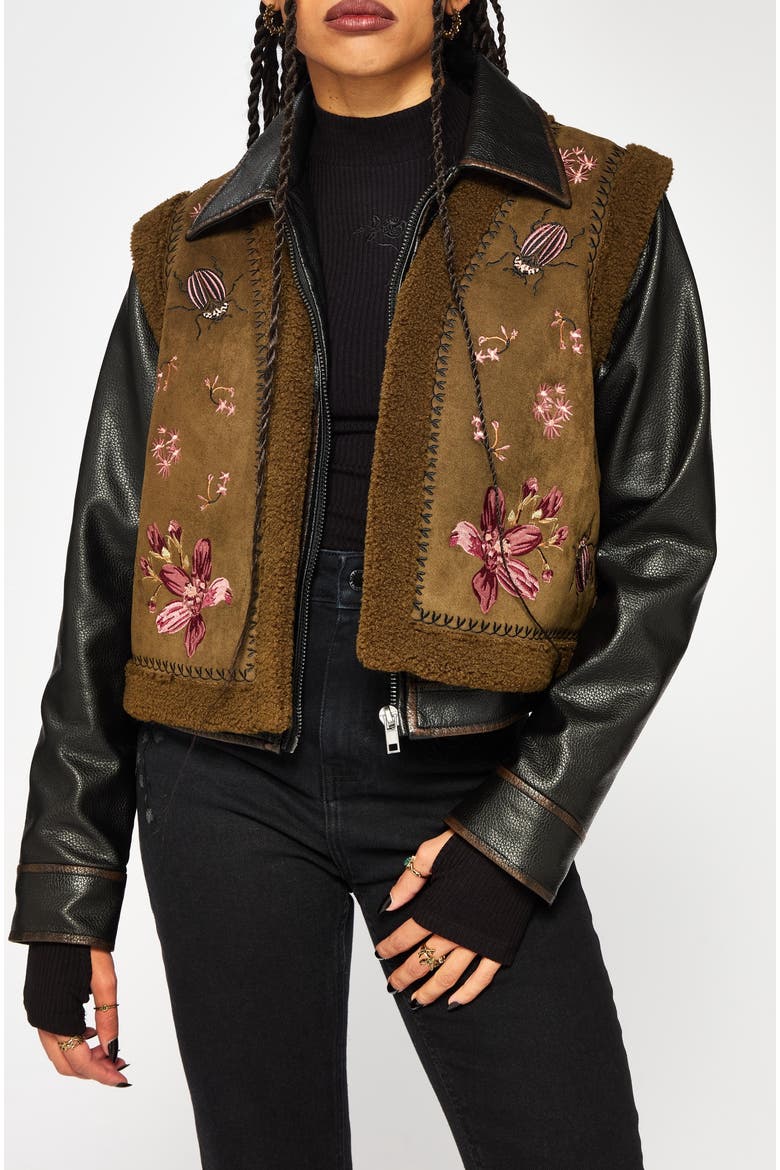 Sylvara Borg Embroidered Bug Gilet, Main, color, Brown