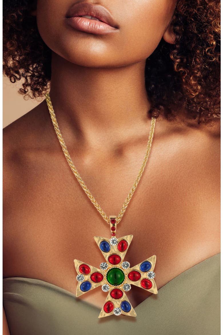 Cabochon Cross Statement Necklace, Alternate, color, GOLD
