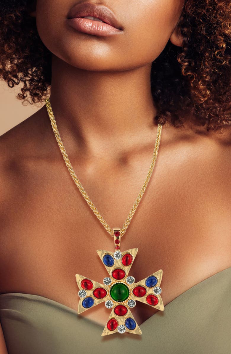 SPHERA MILANO Cabochon Cross Statement Necklace, Alternate, color, Gold