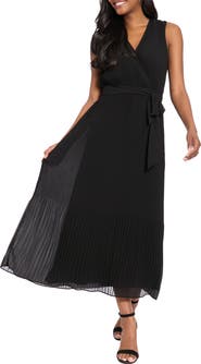 London Times Pleated Surplice Neck Midi Dress