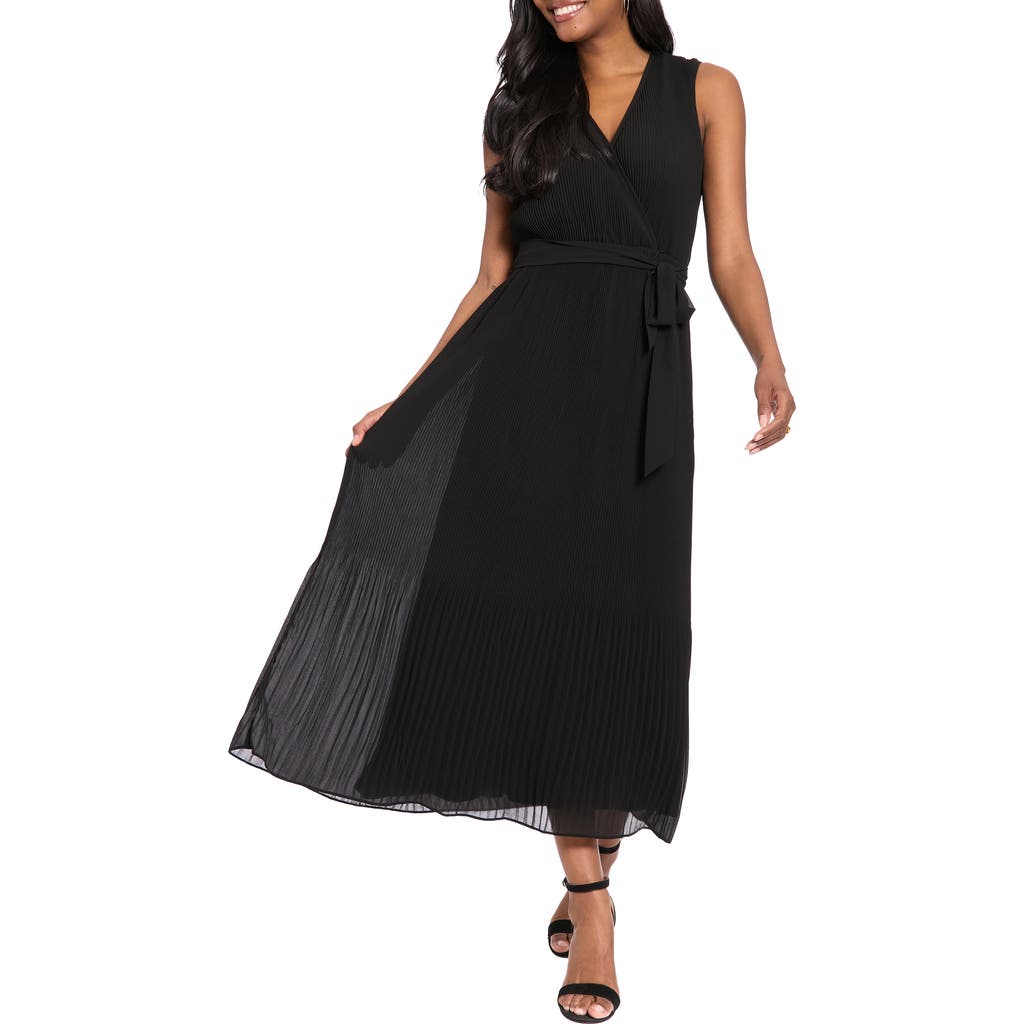 London Times Pleated Surplice Neck Midi Dress In Black