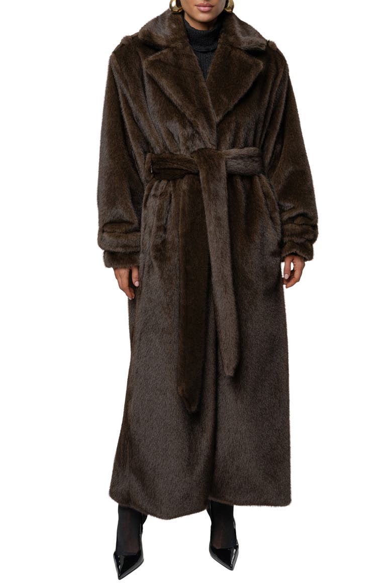 Uptown Belted Faux Fur Longline Coat, Alternate, color, BROWN