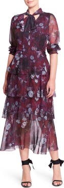 Marchesa Notte Floral Tiered Chiffon Midi Dress