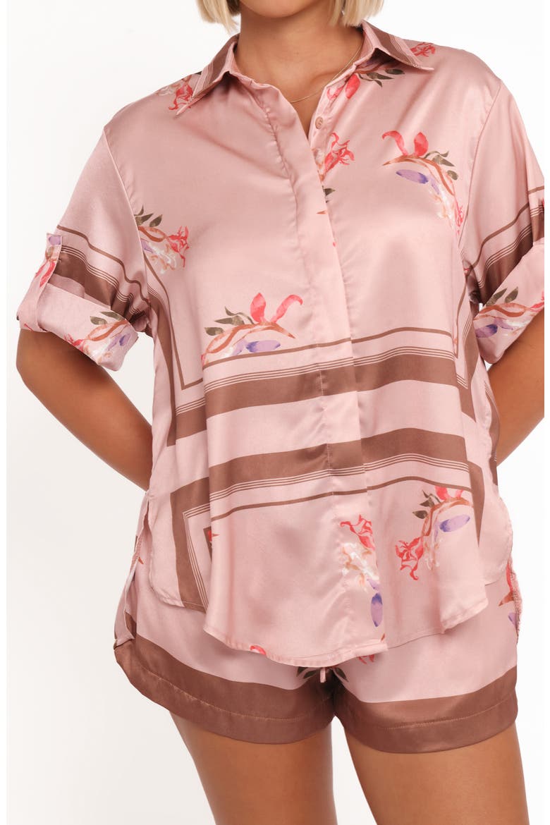 Lara Floral Print & Stripe Satin Button-Up Shirt, Alternate, color, PINK COCOA