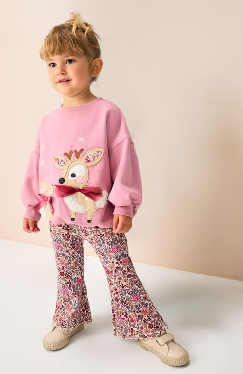 Next Kids' Reindeer Appliqué Graphic Sweatshirt & Floral Leggings Set In Brown