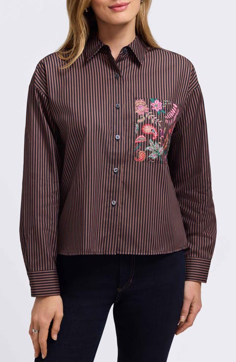 Marina Contrast Pocket Stripe Cotton Poplin Button-Up Shirt