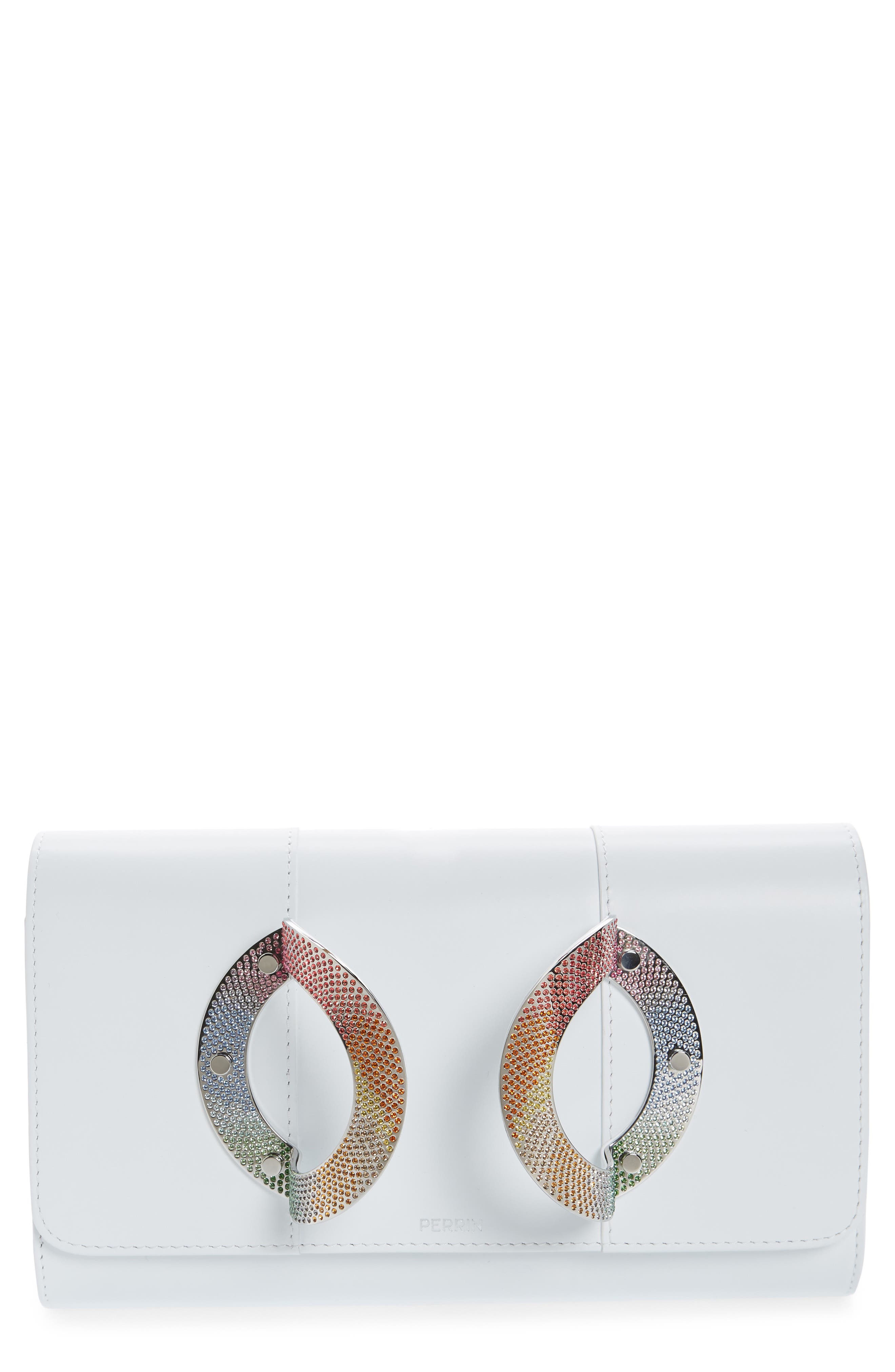 PERRIN La Croisette Crystal Embellished Leather Clutch, Main, color, 