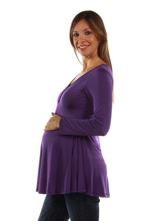 24seven Comfort Apparel Flared Long Sleeve Henley Maternity Top In Purple