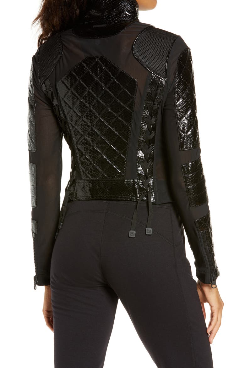 Quilted Snake Embossed Faux Patent Leather & Mesh Moto Jacket, Alternate, color, BLACK SNAKE