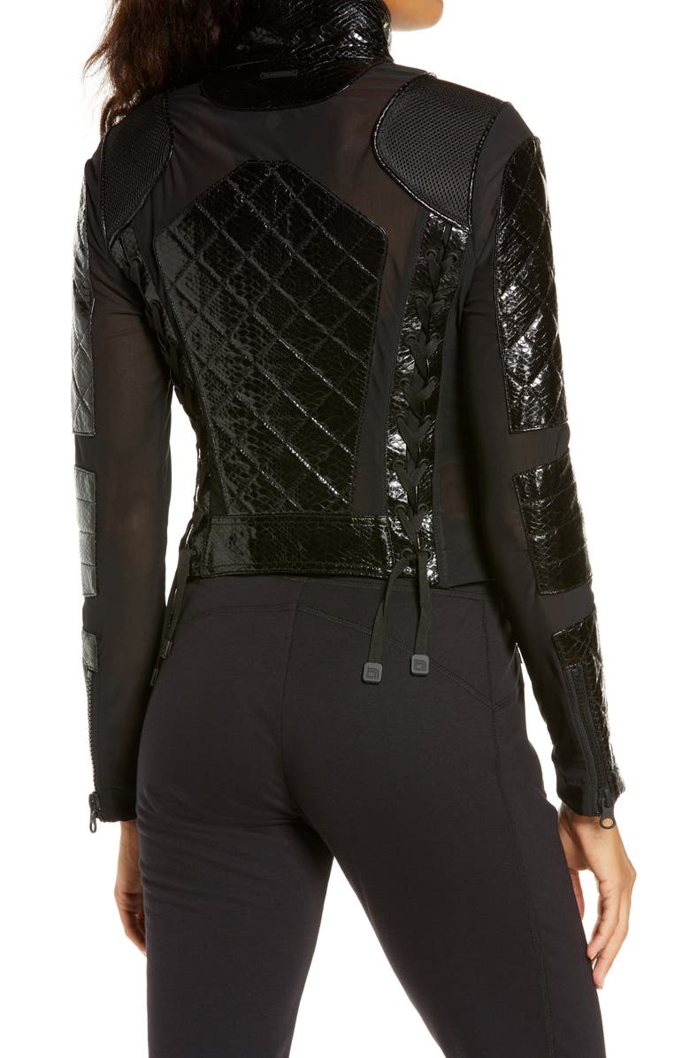 Blanc Noir Quilted Snake Embossed Faux Patent Leather & Mesh Moto Jacket, Alternate, color, 