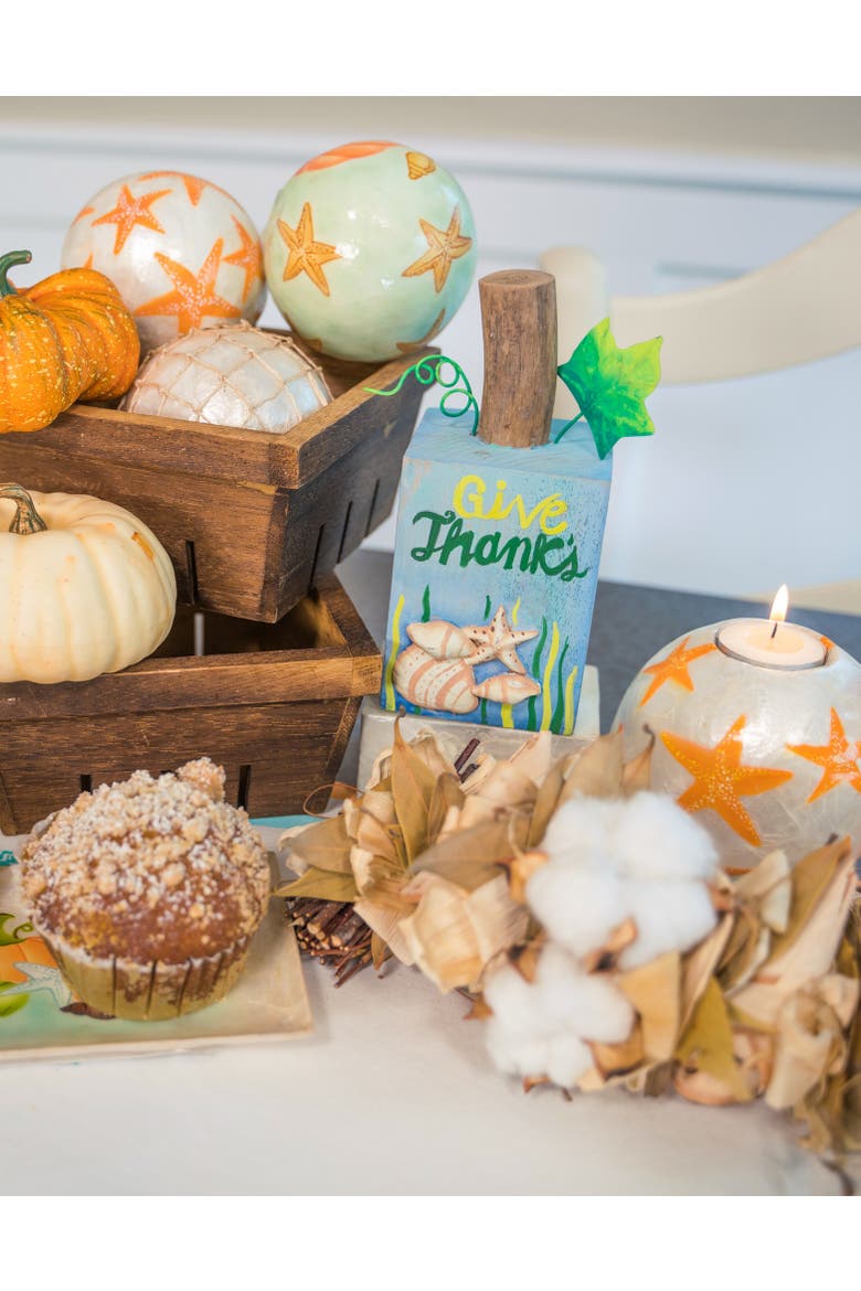Give Thanks Pumpkin Starfish Capiz Tealight Candle Holder 3.5", Alternate, color, Blue