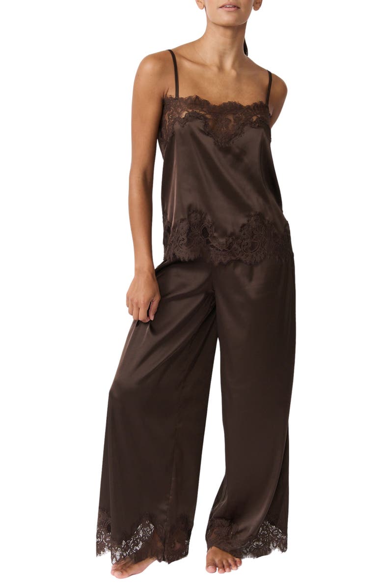 Kat The Label Olivia Lace Trim Satin Pants, Main, color, Espresso