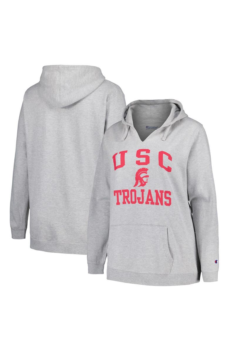 Champion Women's Champion Heather Gray USC Trojans Plus Size Heart & Soul Notch Neck Pullover, Main, color, Heather Gray