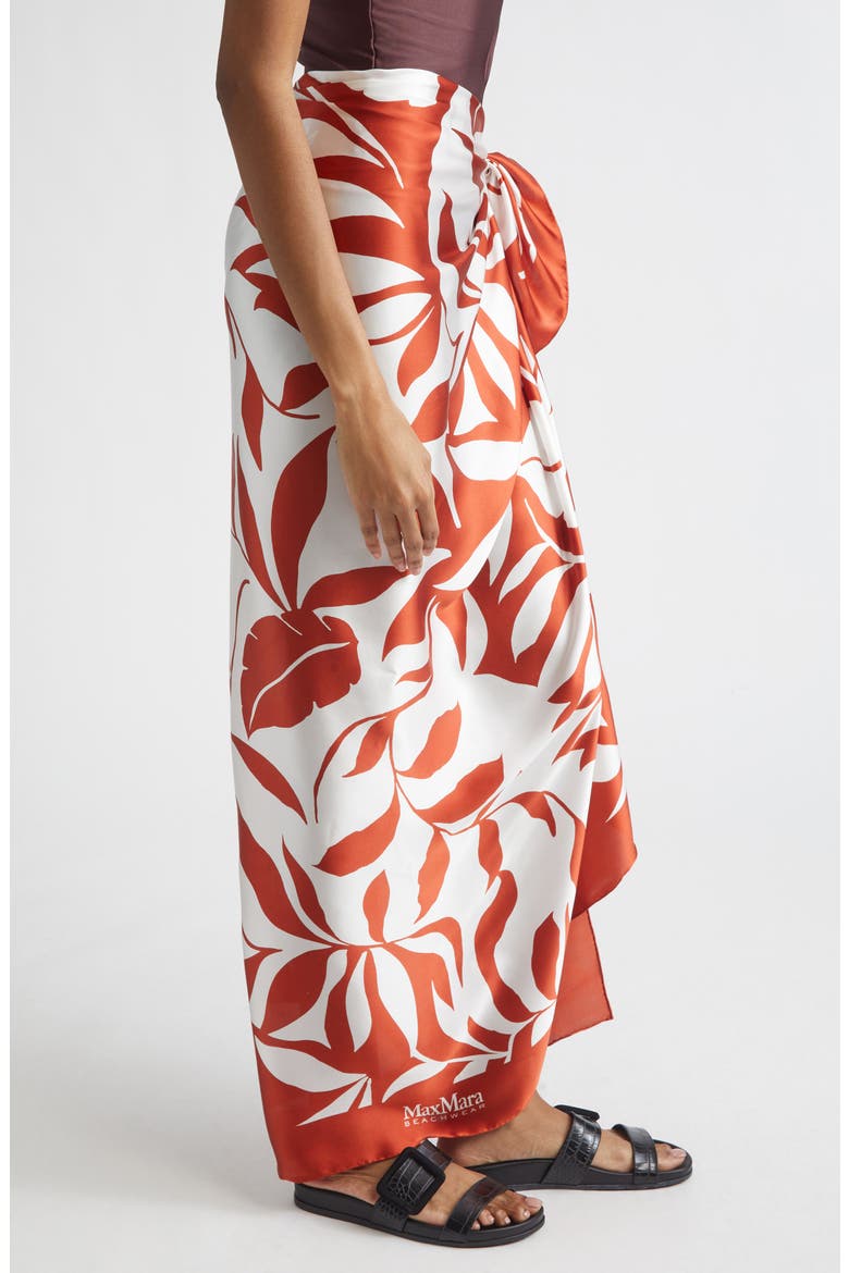 Beachwear Foam Leaf Print Silk Scarf, Alternate, color, CORAL