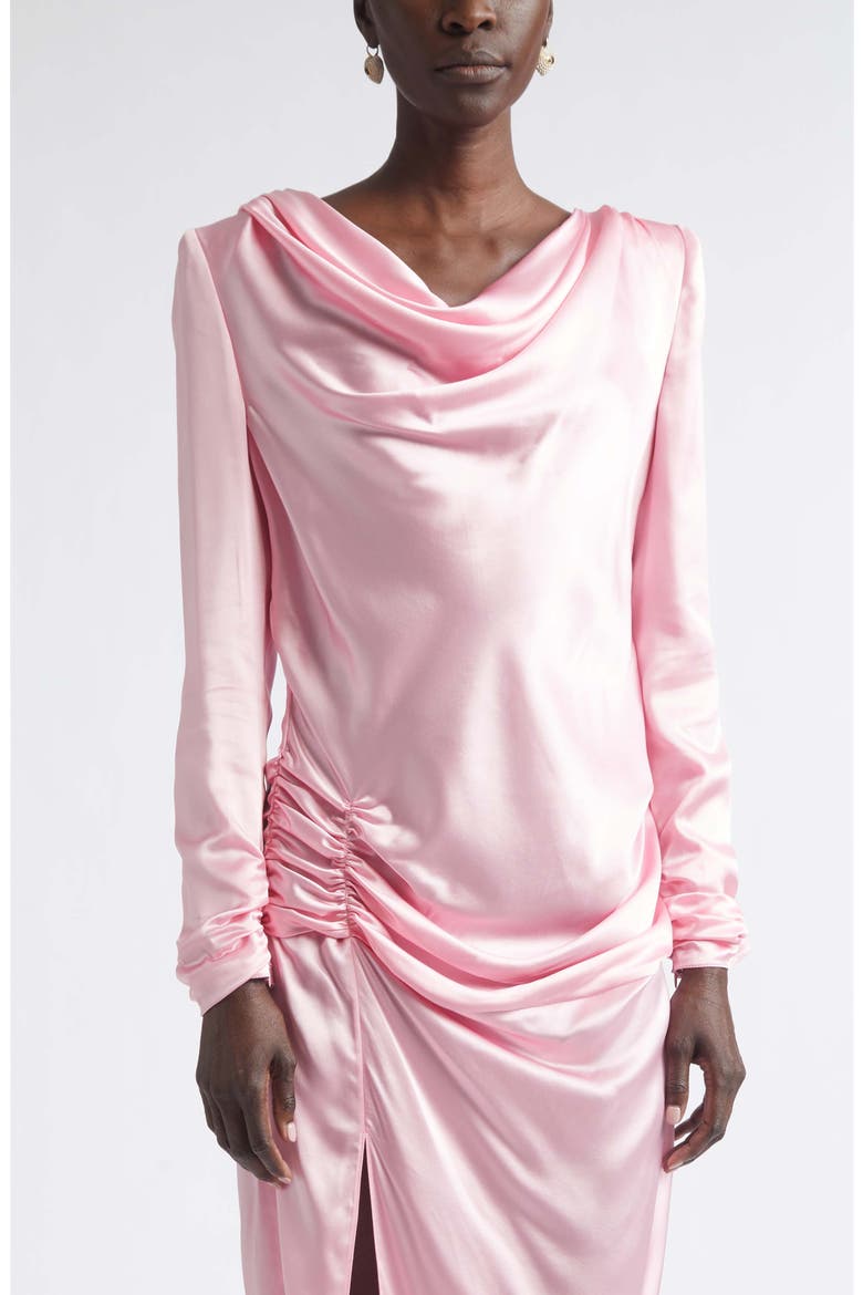 Draped Long Sleeve Silk Satin Dress, Alternate, color, PINK