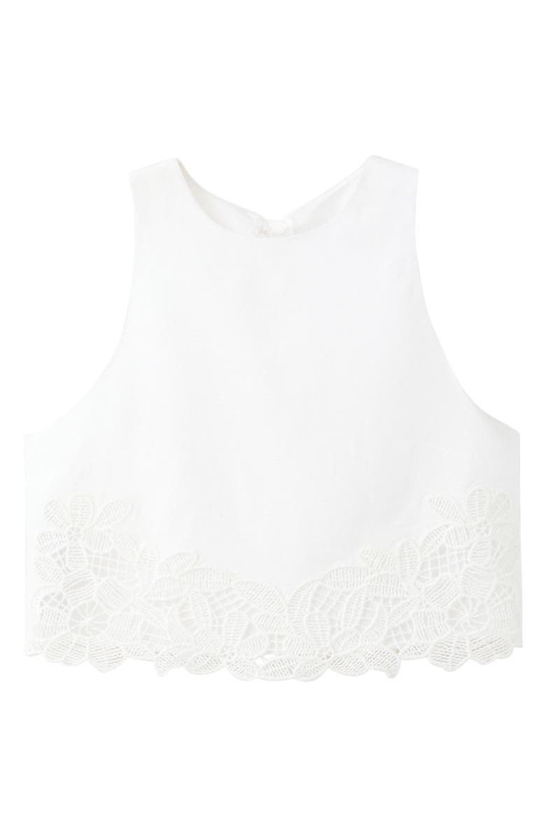 MANGO Embroidered Tie Back Sleeveless Crop Top, Alternate, color, Off White