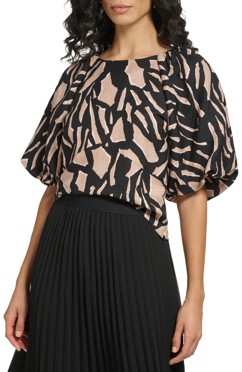DKNY Abstract Print Puff Sleeve Linen Blend Blouse, Main, color,