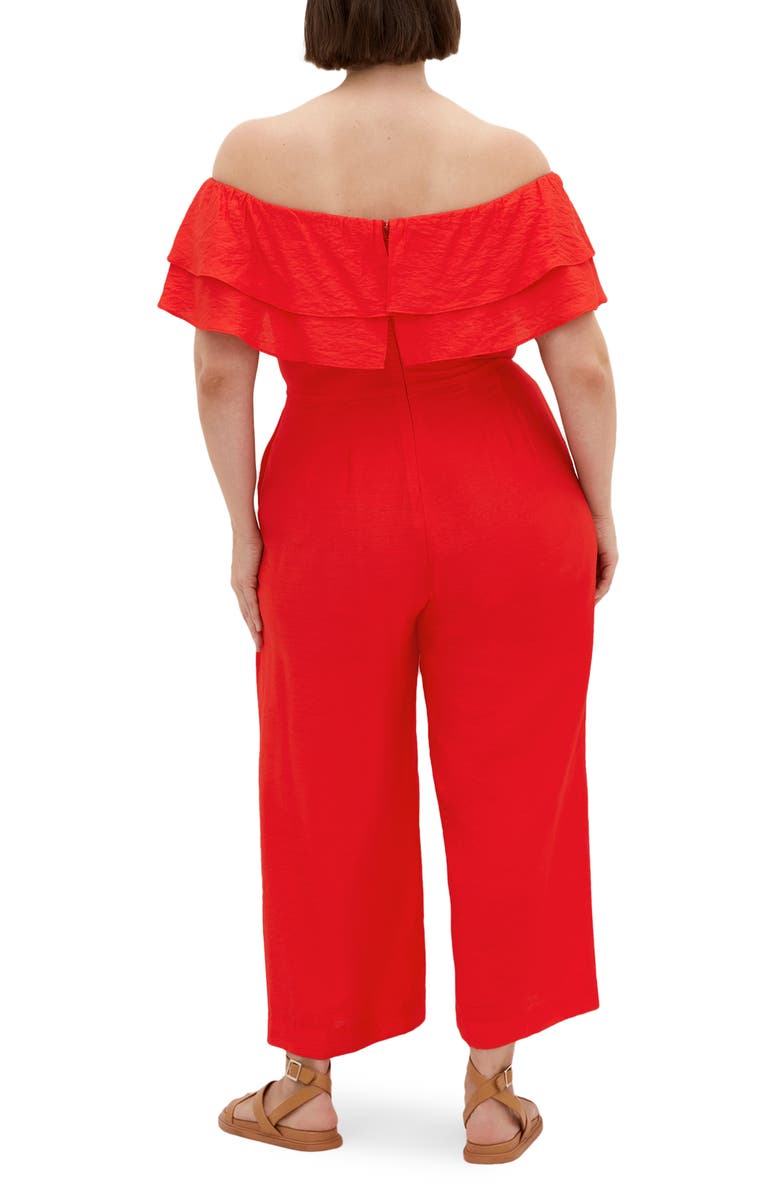 City Chic Poppy Ruffle Off the Shoulder Jumpsuit, Alternate, color, Sunset