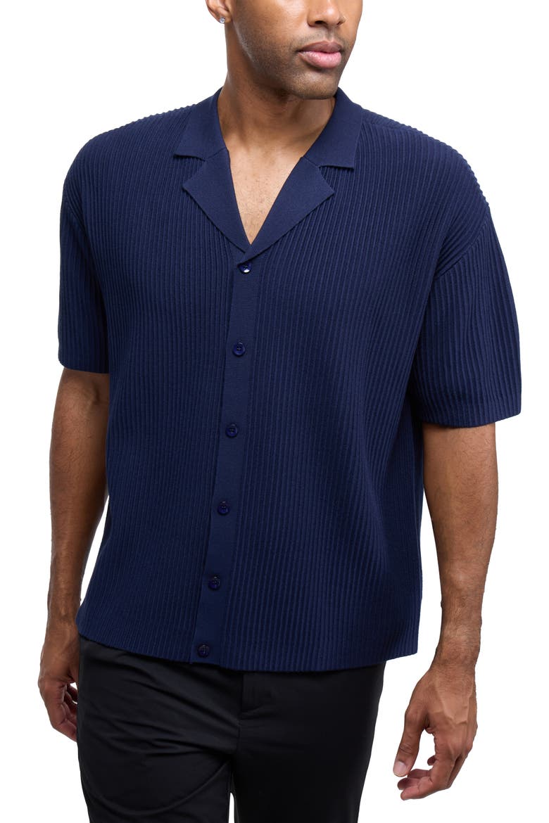 Ribbed Knit Camp Shirt, Alternate, color, NAVY