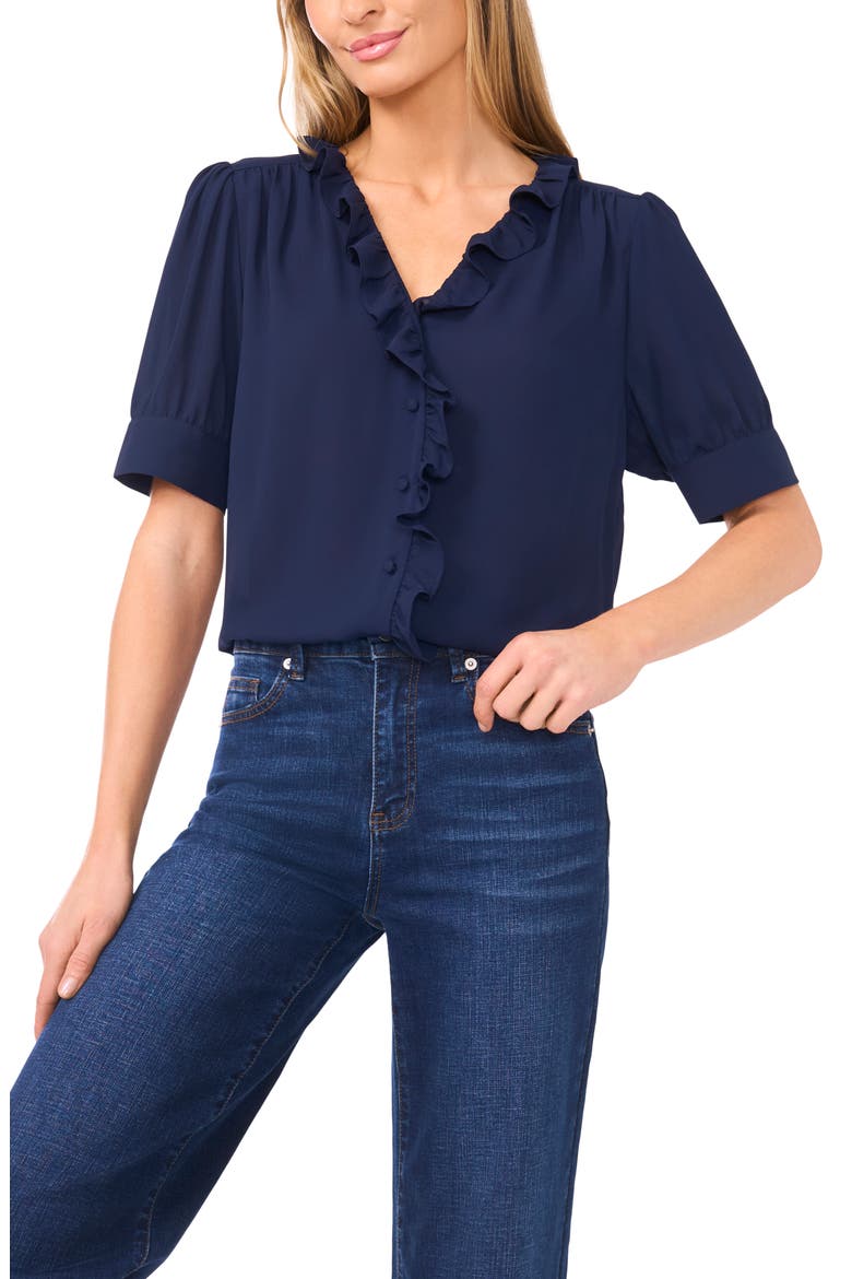 Ruffle Detail Short Sleeve Georgette Button-Up Shirt, Main, color, CLASSIC NAVY