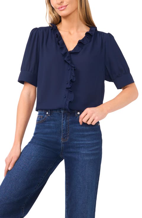 Ruffle Detail Short Sleeve Georgette Button-Up Shirt