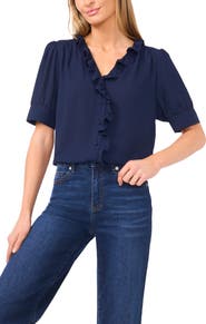 CeCe Ruffle Detail Short Sleeve Georgette Button-Up Shirt