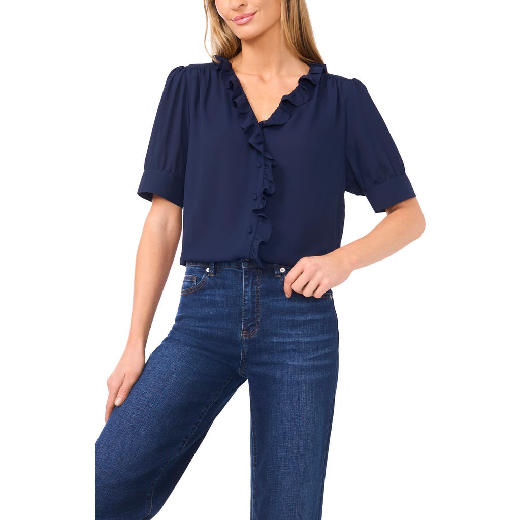 Cece Ruffle Detail Short Sleeve Georgette Button-up Shirt In Blue