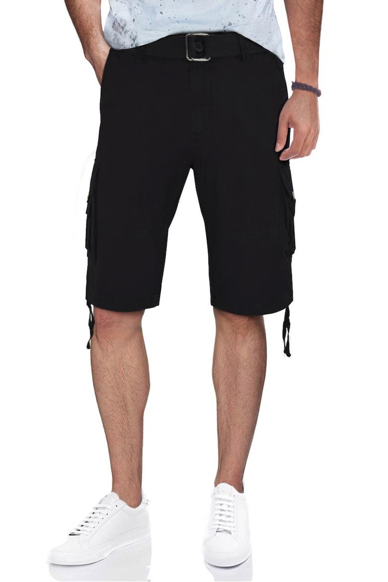 Belted Twill Piping Camo Shorts, Main, color, BLACK