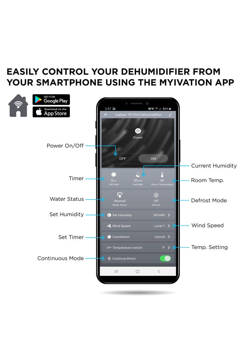Smart Wi-Fi Dehumidifier with Pump, Hose Connector, and Wheels, Alternate, color, White