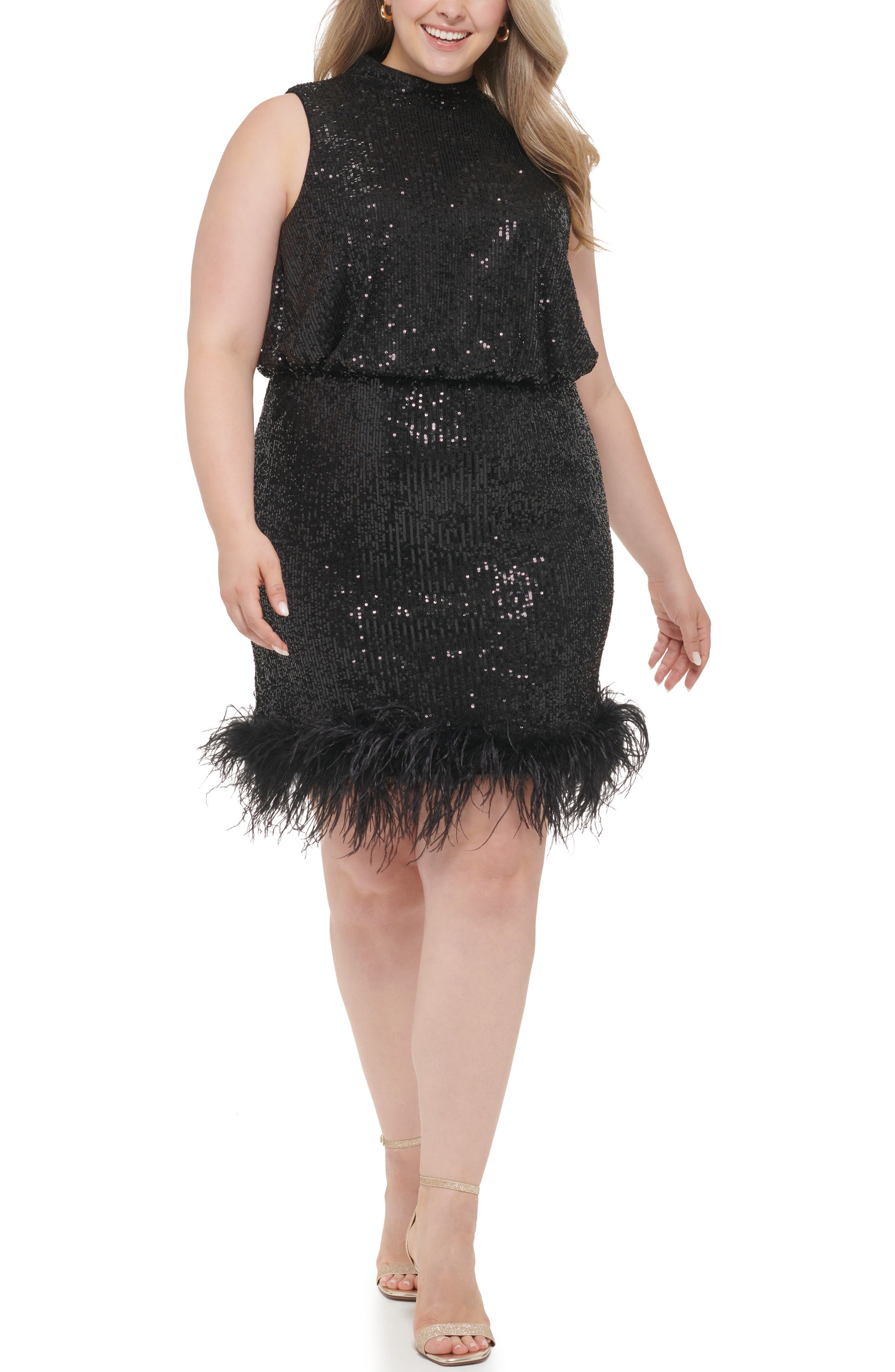 Sequin Halter Sheath Dress with Ostrich Feather Trim