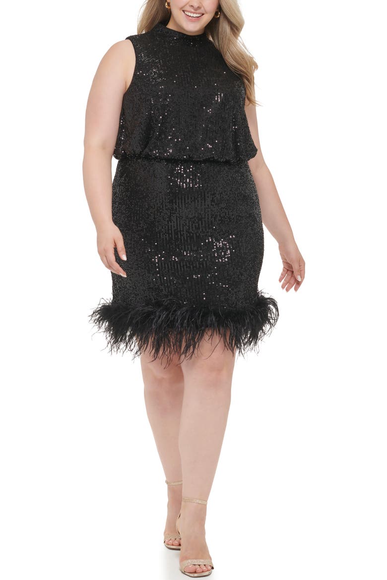 Sequin Halter Sheath Dress with Ostrich Feather Trim, Main, color, BLK