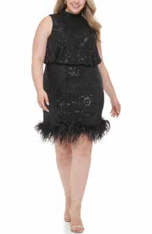 Sequin Halter Sheath Dress with Ostrich Feather Trim
