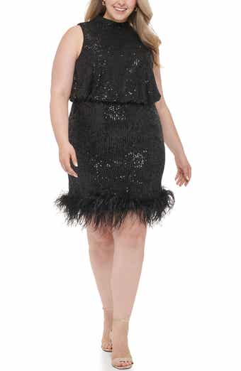 Sequin Halter Sheath Dress with Ostrich Feather Trim