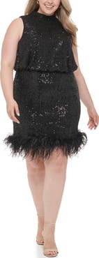 Eliza J Sequin Halter Sheath Dress with Ostrich Feather Trim